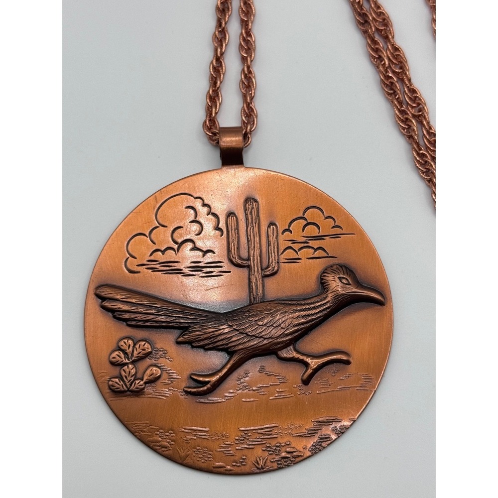 Vintage Bell Trading Post Roadrunner Cactus Copper Pendant Necklace